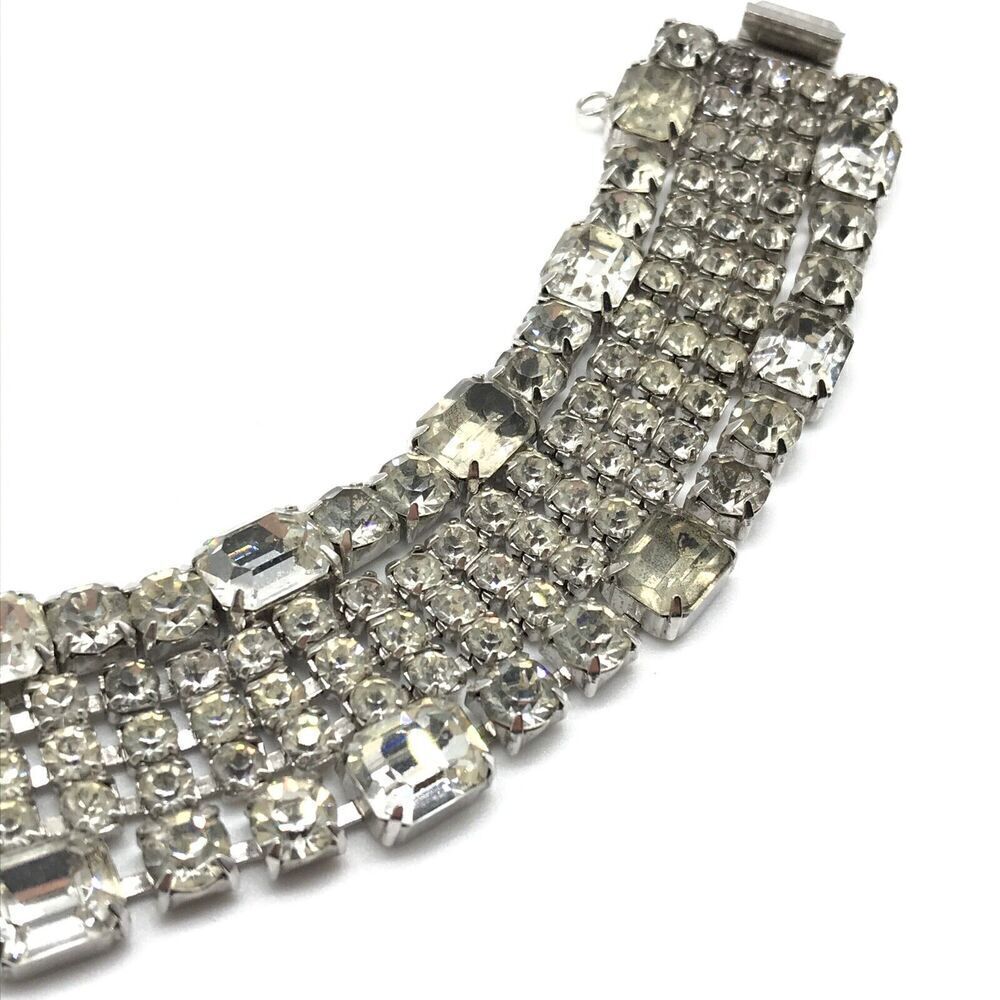 Weiss Signed Vintage Rhinestone Wide Five Row Statement Bracelet W/ Safety Chain - Picture 4 of 9